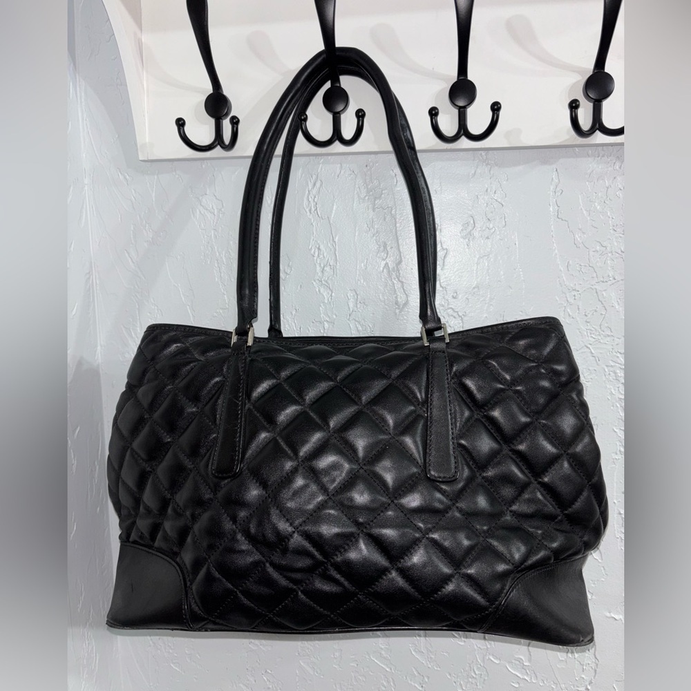 Lord & Taylor Leather Quilted Medium Size Black Tote Bag Purse